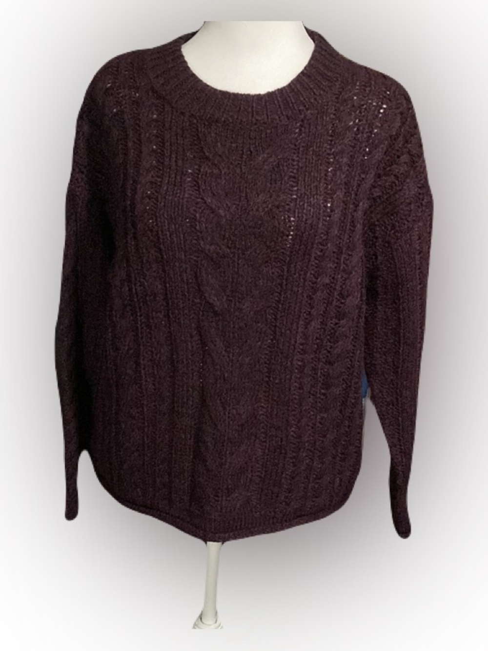 Maurgeaux & Ellie Maroon/Plum Chunky Cable Knit Crew Neck Sweater Medium  NWT